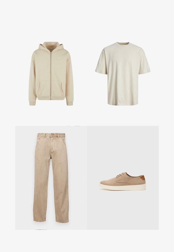 Bež majica s kapuljačom na zatvaranje sa prednjim džepovima, rebrastim manžetama i strukom. Na lijevoj strani grudi ima mali bijeli logo. Mekana tekstura tkanine.; Majica s okruglim izrezom od pamuka u boji slonovače, s kratkim rukavima, ležernog kroja i glatkom, laganom teksturom.; Bež teksas traperice ravnog kroja, s prednjim džepovima, metalnim zakopčavanjem i suptilnom teksturom.; Bež nubuk tenisice s okruglim vrhom, vezanjem sprijeda i teksturiranim stražnjim naglaskom. Bijela gumena potpetica pruža kontrast. Jednostavan i moderan dizajn.