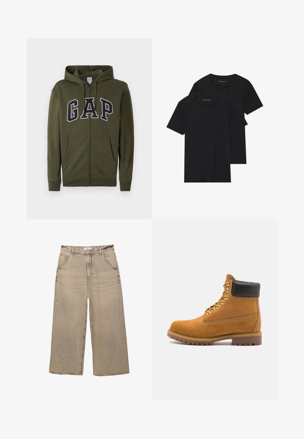 Olive zelená mikina na zips s veľkým námorníckym logom "GAP", dvoma prednými vreckami a s kapucňou so šnúrkou. Hladký materiál z bavlny a polyesteru.; Dvoje čiernych bavlnených tričiek s krátkymi rukávmi, okrúhlym výstrihom a hladkou textúrou, vystavených naskladaných spolu.; PULL&BEAR MEGA BAGGY - Džínsy baggy - light grey; Tyrkysové semišové členkové topánky s čiernym polstrovaným golierom, zlatými kovovými očkami, bielym prešívaním a robustnou gumovou podrážkou s výraznými drážkami.