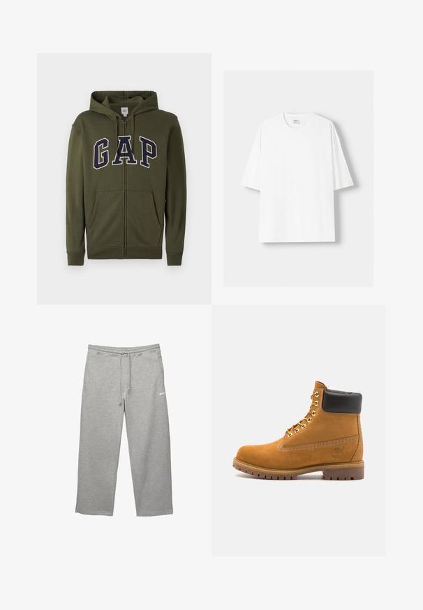 Olive zelená mikina na zips s veľkým námorníckym logom "GAP", dvoma prednými vreckami a s kapucňou so šnúrkou. Hladký materiál z bavlny a polyesteru.; Biela tričko s krátkym rukávom vyrobené z bavlny, s okrúhlym výstrihom a voľným strihom. Hladká textúra, bez viditeľných vzorov alebo akcentov.; Sivé tepláky vyrobené z mäkkej tkaniny s elastickým pásom, nastaviteľnou šnúrkou v páse a bočnými vreckami. Obsahujú malé biele logo.; Tyrkysové semišové členkové topánky s čiernym polstrovaným golierom, zlatými kovovými očkami, bielym prešívaním a robustnou gumovou podrážkou s výraznými drážkami.