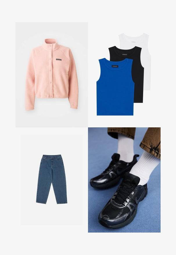 Giacca in pile rosa chiaro con chiusura a bottoni a pressione, colletto alto, maniche lunghe e logo Columbia sul petto.; Tre magliette senza maniche in blu, nero e bianco. Il tessuto è a coste con un colletto rotondo. Ogni maglietta ha un'etichetta con la scritta "even&odd."; Jeans in denim blu con una vestibilità rilassata, vita alta, design a cinque tasche e dettagli di cucitura. Caratterizzati da una chiusura con bottone e zip.; Scarpe da ginnastica Nike nere con materiale in mesh e sintetico, caratterizzate da una tomaia strutturata, lacci neri e suole in gomma resistenti. Calzini bianchi a coste visibili.