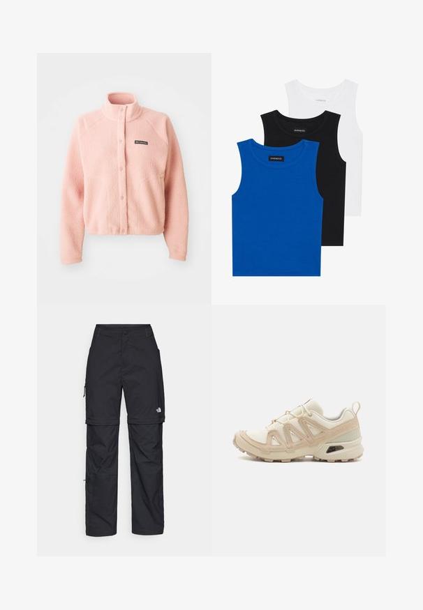 Miękka różowa polarowa kurtka z zapięciem na napy, wysokim kołnierzem, długimi rękawami i logo Columbia na piersi.; Trzy bezrękawniki w kolorach niebieskim, czarnym i białym. Materiał to prążkowana tkanina z okrągłym dekoltem. Każdy top ma metkę z napisem "even&odd."; Czarne nylonowe spodnie cargo z odpinanymi nogawkami, regulowanymi mankietami, wieloma kieszeniami oraz logo na prawej nogawce. Gładka, lekka tekstura.; Beżowe i kremowe buty sportowe z teksturowanej siateczki, wspierającymi nakładkami oraz gumową podeszwą z wzorem bieżnika zapewniającym przyczepność.