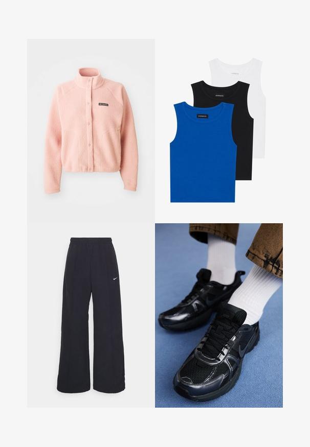 Weiche rosa Fleecejacke mit Druckknopfverschluss, hohem Kragen, langen Ärmeln und Columbia-Logo auf der Brust.; Drei ärmellose Hemden in Blau, Schwarz und Weiß. Der Stoff ist gerippt und hat einen runden Ausschnitt. Jedes Hemd hat ein Etikett mit der Aufschrift "even&odd".; Schwarze weit geschnittene Hosen mit einem elastischen Bund und einem kleinen weißen Nike-Logo. Der Stoff hat eine glatte Textur und ist für Komfort und lässiges Tragen konzipiert.; Schwarze Nike-Sneaker aus Mesh und synthetischem Material mit strukturierter Oberseite, schwarzen Schnürsenkeln und strapazierfähigen Gummisohlen. Weiße, gerippte Socken sind sichtbar.