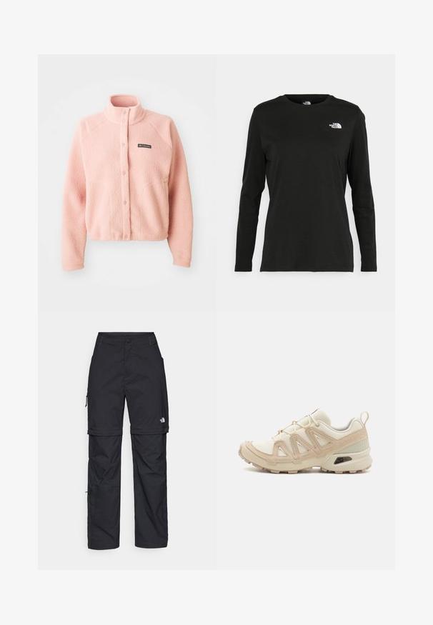 Soft pink fleece jacket with snap button closure, high collar, long sleeves, and Columbia logo on the chest.; Black long-sleeve t-shirt made of cotton with a round neck. Features a small white logo on the left chest area. Simple design and fit.; Black nylon zip-off cargo trousers with adjustable cuffs, multiple pockets, and a logo on the right leg. Smooth, lightweight texture.; Beige and cream athletic shoe with textured mesh upper, supportive overlays, and rubber outsole featuring a tread pattern for traction.