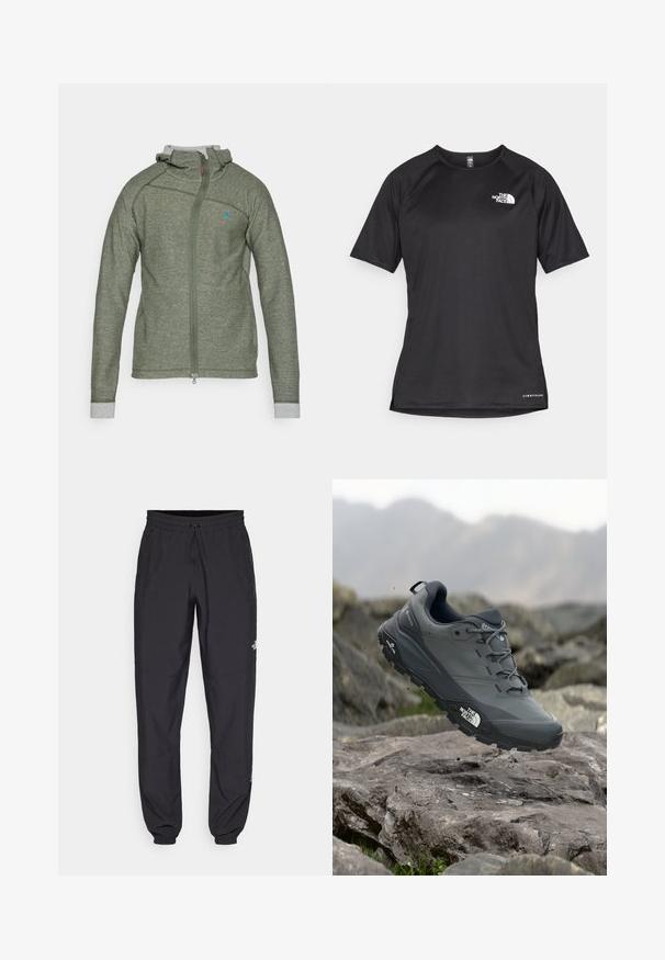 Zöld cipzáras kapucnis pulóver texturált felülettel, szürke belső gallérral és kontrasztos szürke mandzsettákkal. Kicsi kék logó található a mellrészen.; Fekete, rövid ujjú sportpóló struktúrált anyagból, bal mellen fehér logóval és egyenes aljjal.; Fekete sportnadrág, könnyű anyagból készült, húzózsinóros derékkal, oldalsó zsebekkel és szűkített szárakkal a bokáknál.; Szürke terepfutó cipő, texturált felsőrésszel, tartós gumitalppal és megerősített orr résszel. Fekete fűzők és márka logó a cipő oldalán.