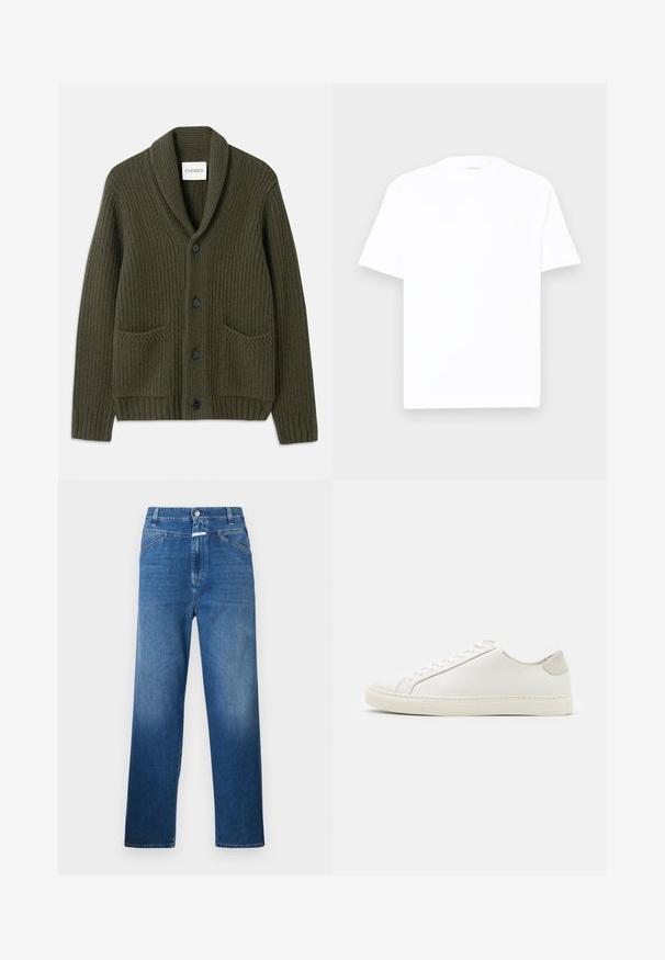 Tamsiai alyvuogių žalia žakardo kardiganas su šalikine apykakle, turintis keturis juodus mygtukus, dvi priekinės kišenes ir struktūruotą mezgimo raštą.; Balta medvilninė marška su apvalia iškirpte, trumpomis rankovėmis ir laisvu siluetu. Lygi tekstūra, minimalus dekoro, be raštų ar grafikos.; Mėlynos džinsinės kelnės tiesaus kirpimo, su sagų uždarymu, diržo kilpomis ir lengvu blukimu ant šlaunų.; Baltos odinės sportinės avalynės, lygiu paviršiumi, apvaliu nosiu ir minimalistiniu dizainu. Su smėlio spalvos akcentais ant kulno ir guminis padas.