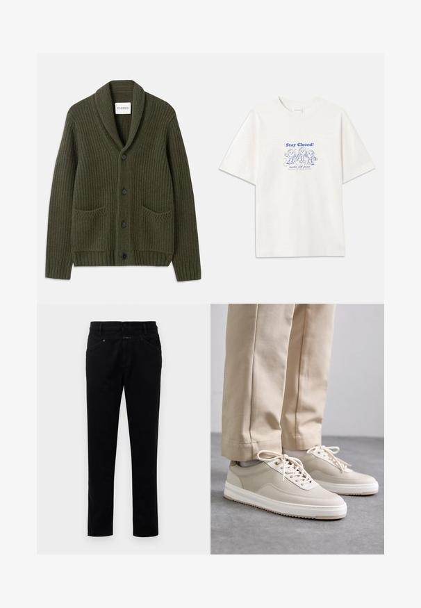 Cardigan de canalé en verde oliva oscuro con cuello de chal, que presenta cuatro botones negros, dos bolsillos frontales y un patrón de tejido texturizado.; CLOSED PRINTED - Camiseta estampada - ivory; Pantalones de mezclilla negra con un diseño de pierna recta, que cuentan con un cierre de botón, estilo de cinco bolsillos y una textura suave.; Zapatillas beige con parte superior texturizada, suelas blancas y detalles cosidos, combinadas con pantalones beige, exhibidas sobre una superficie gris.