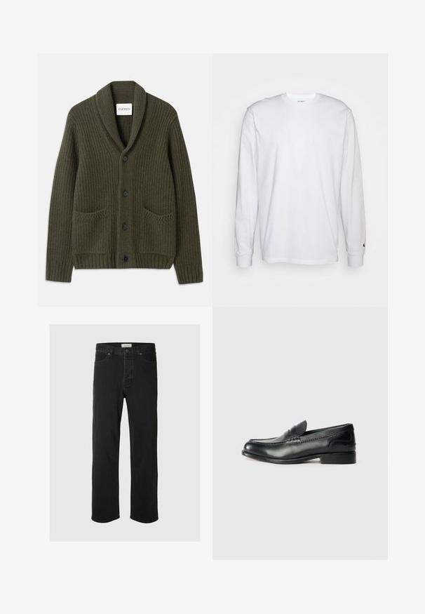 Tmavosivá ribbovaná cardigan s šálovým golierom, obsahujúca štyri čierne gombíky, dve predné vrecká a textúrovaný pletený vzor.; Biela dlhá bavlnená tričko s dlhým rukávom. Dizajn s okrúhlym výstrihom a rebrovanými manžetami, malá nášivka na ľavom rukáve. Hladká textura.; Čierne džínsové nohavice so rovnými nohavicami majú klasický dizajn s piatimi vreckami, zapínaním na gombík, minimálnym prešívaním a jemnou textúrou.; Čierne kožené loafers s hladkým povrchom, prešívaním cez vampus a mierne vyvýšeným podpätkom.