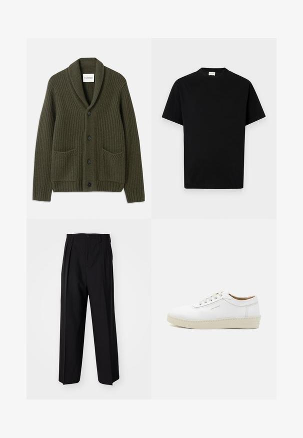 Tumši olīvu zaļš ribots kardigāns ar šalu, ar četriem melniem pogām, divām priekšējām kabatām un struktūrētu adījumu.; Melnā kokvilnas T-kreklā ar apaļu kakla izgriezumu, īsām piedurknēm un taisnu piegriezumu. Nav redzamu rakstu vai detaļu.; Melnas plisētās bikses ar taisnu, plata kāja dizainu. Izgatavotas no gludas auduma, ar pogu aizdari un jostas cilpiņām.; Baltas ādas sporta apavu pāris ar teksturētu virsmu, apaļu purngalu, bēša gumijas zoli un sešām pelēkām šņorēšanas acīm, ar diskrētām zīmola atzīmēm sānos.