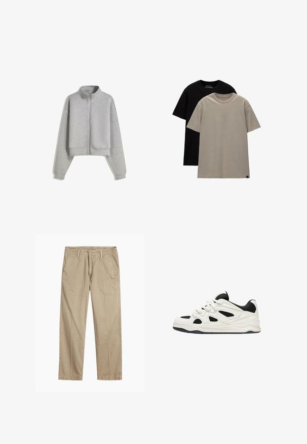 Skrátená šedá mikina na zips s vysokým golierom, dlhými rukávmi a rebrovanými manžetami. Vyrobená z mäkkého, ľahkého materiálu s hladkou textúrou.; Sada dvoch tričiek; jedno čierne, jedno svetlo béžové. Normálny strih s okrúhlym výstrihom, vyrobené z mäkkej bavlnenej látky. Jednoduchý dizajn, bez vzorov.; Béžové chinos nohavice rovného strihu s pútkami na opasok, predným gombíkom a zipsom, a šikmými prednými vreckami.; Biele a čierne športové topánky s textúrovanou podrážkou, s vyrezávanými dizajnmi na stranách a šnúrkami, a s polstrovaným zadným dielom pre podporu.
