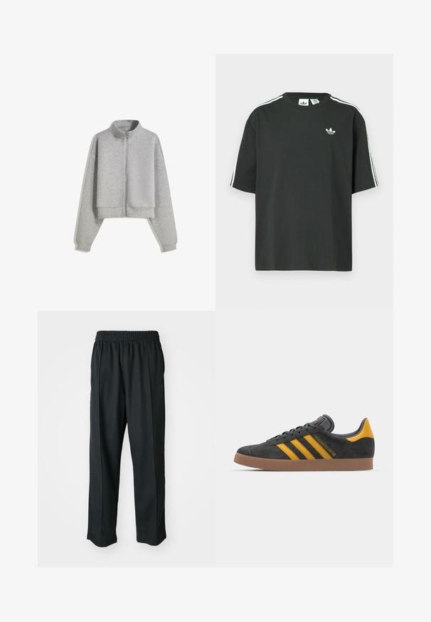 Cropped gray zip-up sweatshirt with a high collar, long sleeves, and ribbed cuffs. Made from soft, lightweight material with a smooth texture.; Black cotton t-shirt with short sleeves, crew neckline, and white three-stripe detailing on shoulders. Features a small white logo on chest.; Black athletic pants with an elastic waistband, made of smooth fabric, featuring subtle side stitching and a relaxed fit, straight leg design.; Black suede sneaker with yellow accents, featuring three stripes and a brown rubber sole. Includes a padded tongue for comfort.