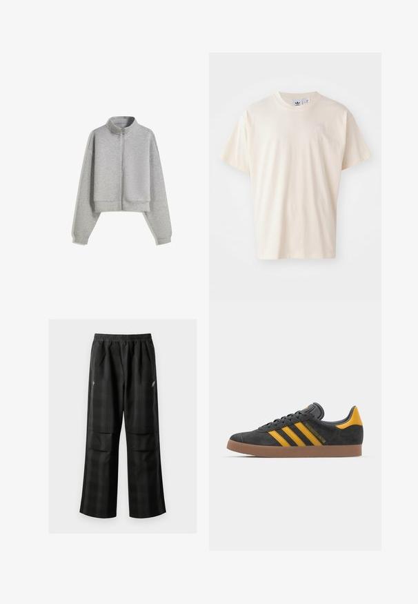 Zkrácená šedá mikina na zip s vysokým límcem, dlouhými rukávy a žebrovanými manžetami. Vyrobena z měkkého, lehkého materiálu s hladkou texturou.; Krémové bavlněné tričko s kulatým výstřihem a krátkými rukávy; na hrudi je umístěno malé světlé logo.; Černé kostkované kalhoty s elastickým pasem, dvěma předními kapsami a volným střihem se rovnými nohavicemi. Vyrobeny z lehkého materiálu.; Černé semišové tenisky se žlutými akcenty, vybavené třemi pruhy a hnědou gumovou podrážkou. Obsahují polstrovaný jazyk pro pohodlí.