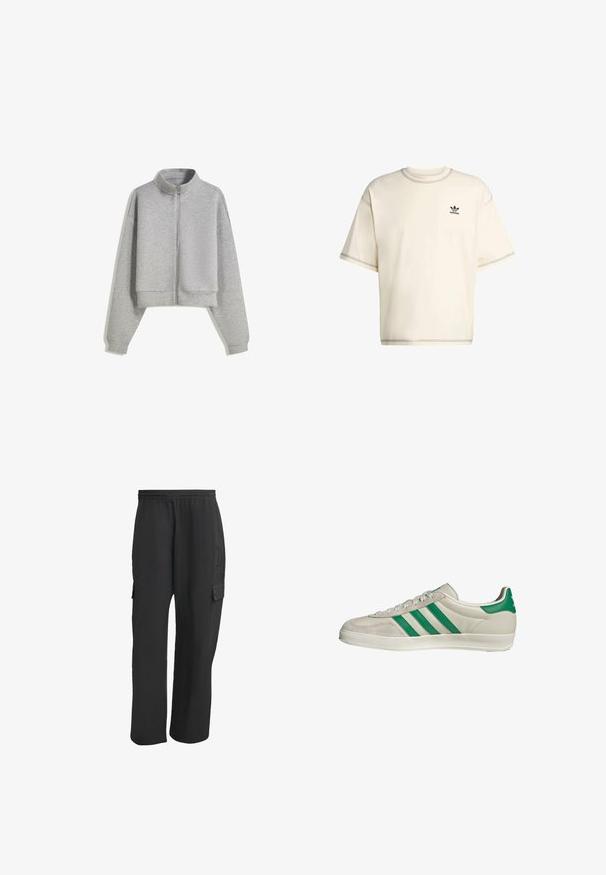 Felpa grigia corti con zip e colletto alto, maniche lunghe e polsini a costine. Realizzata in un materiale morbido e leggero con una texture liscia.; T-shirt oversize color crema realizzato in cotone, con maniche corte, colletto rotondo e logo Adidas nero sul petto sinistro.; Pantaloni cargo neri con elastico in vita, dotati di tasche laterali, vestibilità larga e tessuto a trama. Progettati per comfort e utilità.; Sneaker beige con strisce verdi, con suola bianca e tomaia in pelle liscia. Vista laterale che evidenzia i dettagli dei lacci e il logo.