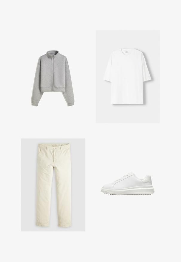 Cropped gray zip-up sweatshirt with a high collar, long sleeves, and ribbed cuffs. Made from soft, lightweight material with a smooth texture.; White short-sleeved t-shirt made from cotton, featuring a round neckline and a relaxed fit. Smooth texture, with no visible patterns or accents.; Light beige loose-fit pants with three pockets, belt loops, and a straight leg design. Made from a soft cotton blend fabric.; White sneaker with a smooth synthetic upper, round toe, flat laces, textured sole, and a layered, platform design for added height.