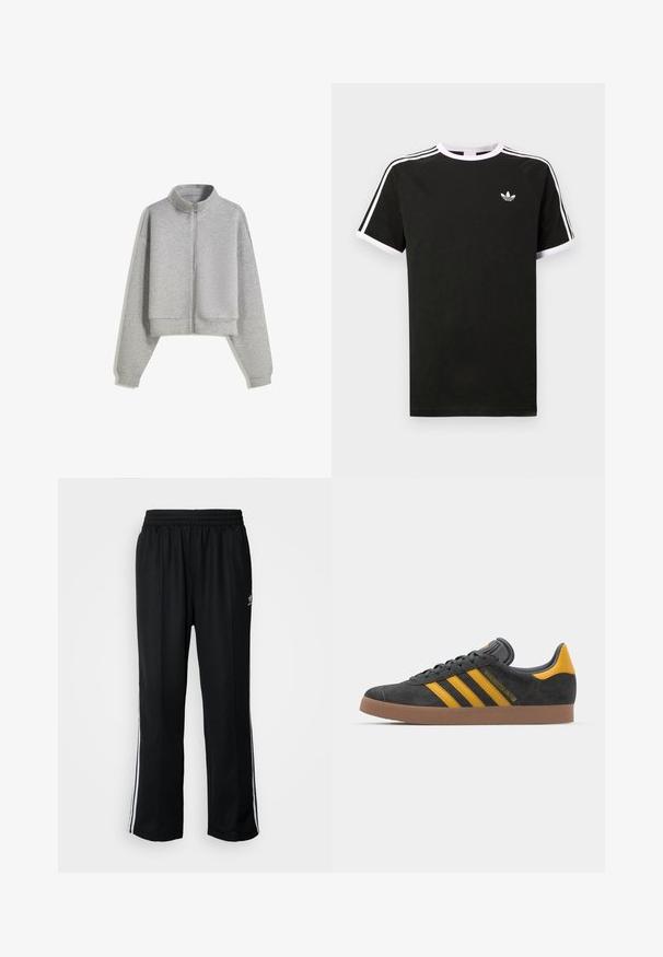 Cropped gray zip-up sweatshirt with a high collar, long sleeves, and ribbed cuffs. Made from soft, lightweight material with a smooth texture.; Black t-shirt made of cotton with white accents. Features short sleeves, raglan design, and a small logo on the chest. Three white stripes on shoulders.; Black athletic pants with an elastic waistband, featuring white side stripes and a small logo. Material appears soft and lightweight.; Black suede sneaker with yellow accents, featuring three stripes and a brown rubber sole. Includes a padded tongue for comfort.