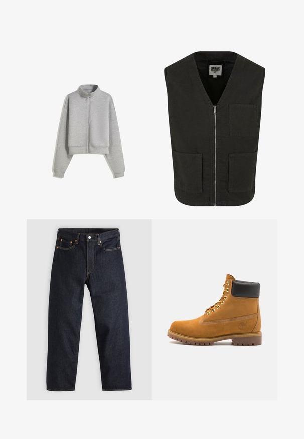 Lyhythihainen harmaa vetoketjullinen huppari, jossa on korkea kaulus, pitkiä hihoja ja ribbireunat. Valmistettu pehmeästä, kevyestä materiaalista, jossa on sileä pinta.; Musta hihaton liivi, joka on valmistettu luomupuuvillasta. Siinä on V-kaula-aukko, etuvetoketjusuljenta ja kaksi sivutaskua. Minimalistinen muotoilu.; Valkoinen lihaksen istuvuus t-paita, joka on valmistettu puuvillasta. Pyöreä kaula-aukko, lyhyet hihat, sileä rakenne. Pieni musta logotagi helman kohdalla. Yksinkertainen muotoilu.; Tummansinisiä farkkuja, joissa on suora leikkaus, viisi taskua, kontrastiväriset oranssit tikkaukset ja napitus. Ei näkyviä kuvioita tai koristeita.; Valkoinen nahkainen nilkkuri mustalla pehmustetulla kauluksella, kultaisilla metallisilla rei'illä, valkoisella ompeluksella ja jykevällä kumipohjalla, jossa on selvästi näkyvät urat.