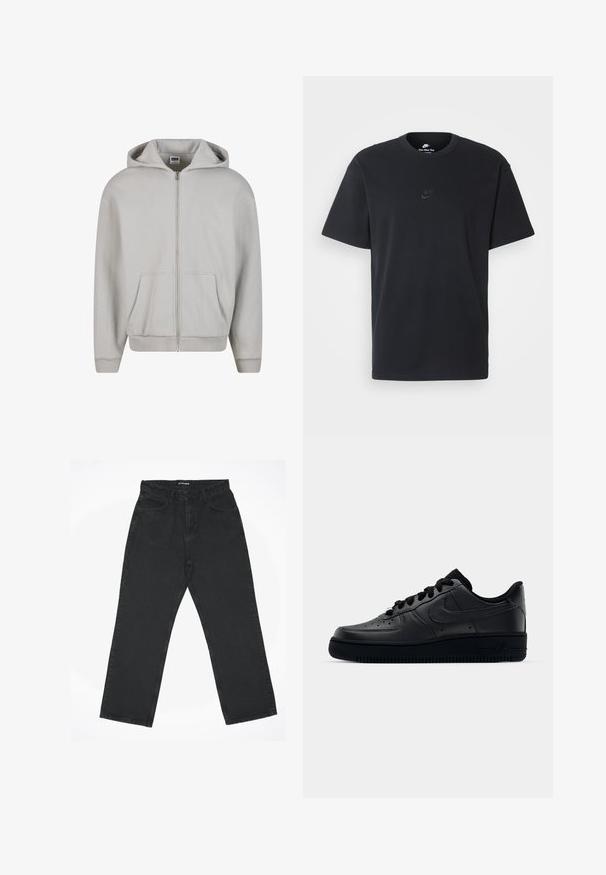 Grå zip-up hoodie lavet af blød bomuldsblanding. Har hætte, forlommer og ribbede ærmer. Minimalistisk design uden mønstre.; Nike sort bomulds t-shirt med en klassisk rund hals, korte ærmer og et diskret, præget logo på brystet. Glat tekstur.; Sorte højtaljede straight-leg jeans med forlommer og knaplukning, lagt fladt på en hvid baggrund.; Sort Nike Air Force 1 sneaker med en glat læderoverdel, perforeret tå for åndbarhed, sorte snørebånd og en textured gummisål.