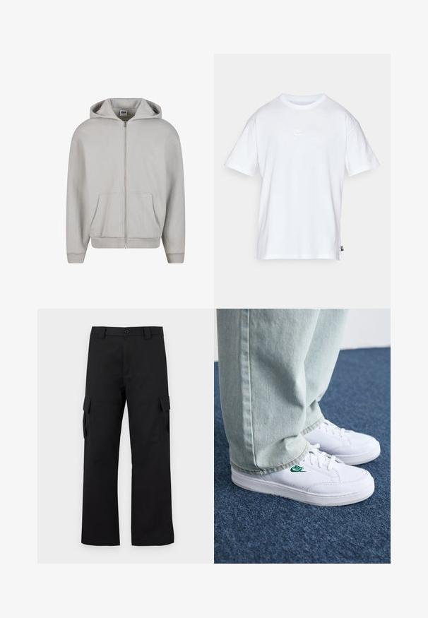 Felpa grigia con zip realizzata in un morbido misto cotone. Presenta un cappuccio, tasche frontali e polsini a coste. Design minimalista senza motivi.; T-shirt bianco in cotone con maniche corte e colletto tondo. Presenta un piccolo e discreto logo Nike sul petto e un'etichetta laterale.; Pantaloni cargo neri con design a gamba dritta. Realizzati in tessuto resistente, dotati di due tasche laterali con chiusura a pattina e chiusura con bottone.; Sneakers in pelle bianca con logo Nike verde, punta rotonda, suola piatta, abbinati a pantaloni in denim azzurro, mostrati su un tappeto blu.