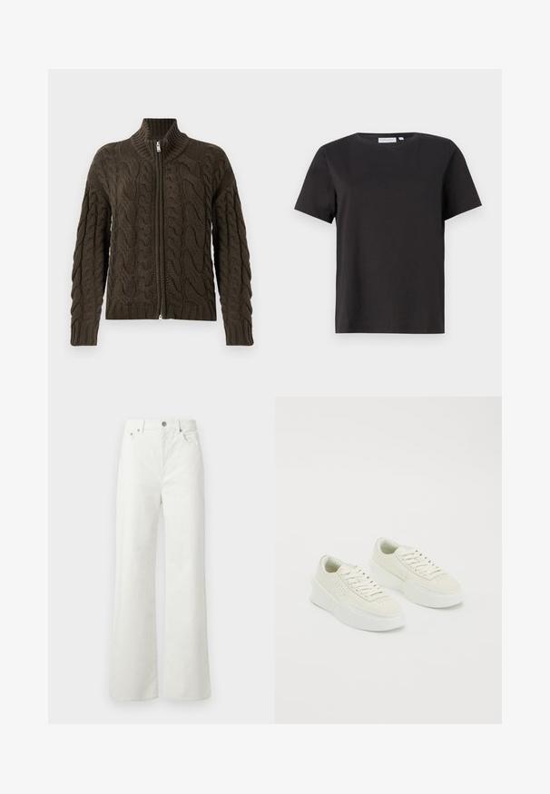 Pulover s kabelskim pletenjem in zadrgo v temno olivno zeleni barvi. Ima rebrast ovratnik, teksturiran vzorec in srebrno zadrgo.; Črna bombažna majica s kratkimi rokavi, okroglim izrezom in preprostim, čistim dizajnom. Brez vidnih vzorcev ali okraskov.; Samsøe Samsøe SHELLY - Široke kavbojke - clear cream; Bele nizke superge z debelimi podplati in vezalkami, ki imajo perforirane detajle na straneh in prednjem delu, prikazane na beli podlagi.