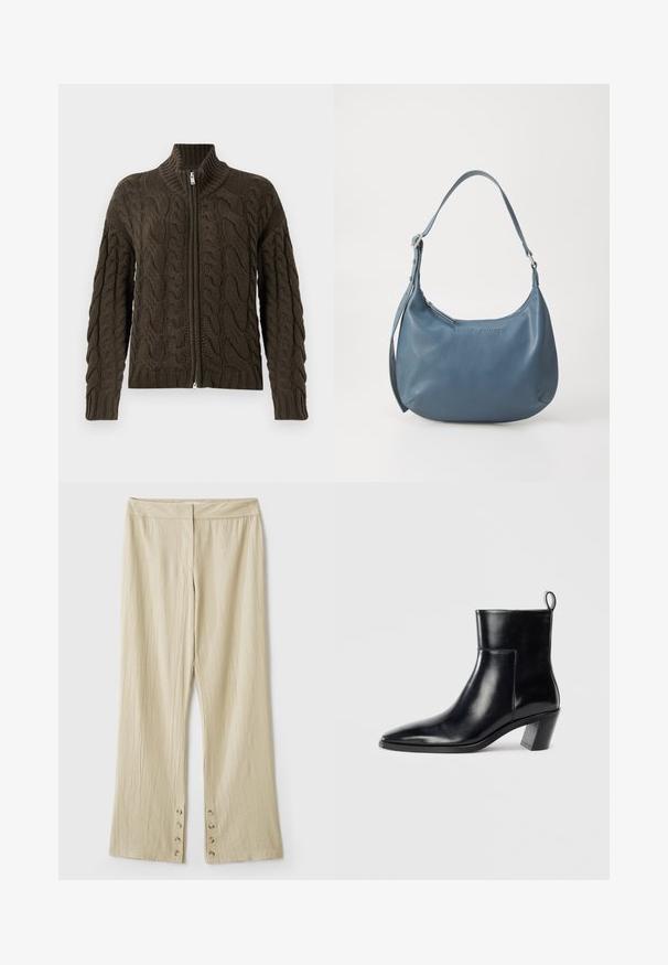 Kabelstrikket hettejakke i mørk olivengrønn. Har ribbestrikket krage, teksturert mønster og sølvglidende lukking.; Lys rosa tanktopp laget av myk, elastisk stoff. Har en rund halslinning og smale skulderstropper, med en jevn tekstur og tettsittende form.; Beige vide bukser i tekstureret stof. Har en flad talje og fem knapper i kanten til lukning. Pyntet med folder.; Sorte skinn ankle boots med spiss tå, geometrisk stablet hæl og en drasnor bak. Glatt tekstur og elegant design.; Blå lærveske med rund form, enkel skulderreim, glidelås-lukking og preget merkenavn på forsiden. Glatt tekstur.