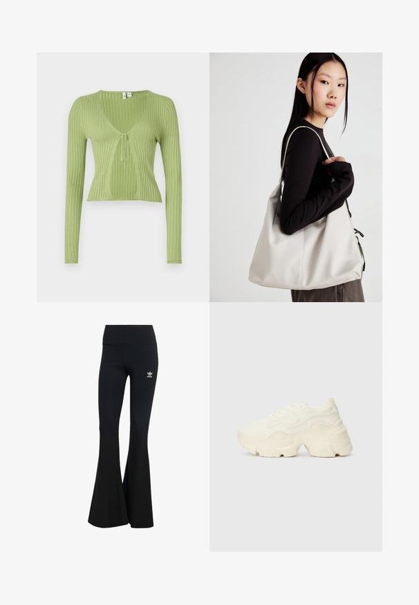 Tamsintas, ilgomis rankovėmis viršus šviesiai žalia spalva su V formos iškirpte ir raišteliu priekyje. Audinys minkštas, su tekstūruota apdaila.; Trijų trumpomis rankovėmis marškinėlių rinkinys juodos, pilkos ir baltos spalvos. Pagaminti iš medvilnės, turi apvalų iškirpimą ir paprastą, vientisos spalvos dizainą.; Juodos plonos flared tipo leginsai su plačiu juosmeniu, dekoruoti maža balta Adidas logotipo etikete viršutinėje kairėje pusėje. Minkšta audinio tekstūra.; Masyvios baltos sportbačiai, pagaminti iš tekstūruoto tinklelio ir sintetinių medžiagų, pasižymintys storu padu ir išsamiu raštų detalizavimu šonuose.; Bežinė rankinė, pagaminta iš minkštos medžiagos, turinti laisvą dizainą, siuvinėtas detalės ir dvi petnešos. Tinkama kasdieniam naudojimui.