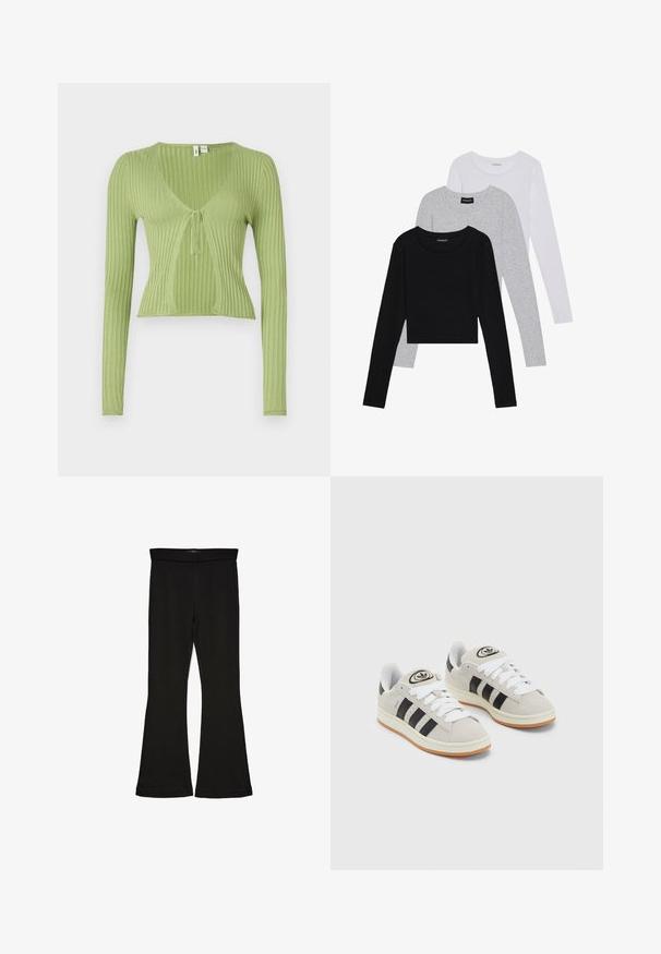 Zeleni rebrasti dolgi rokav s V-izrezom in zavezovanjem spredaj. Gladka tekstura, prileganje in skrajšan oblik.; Tri dolga rokava zložena: črna, siva in bela. Vsaka ima okroglo izreznico in skrajšan dizajn z gladkim, lahkotnim materialom.; Črne flare leggings iz raztegljive tkanine. Imajo širok pas in gladko teksturo, s prilegajočo silhueto, ki se na robu razširi.; Sive športne čevlje iz semiša z belimi vezalkami, črnimi črtami in belim gumijastim podplatom. Imajo okroglo oznako na ježku in podplat iz gume.