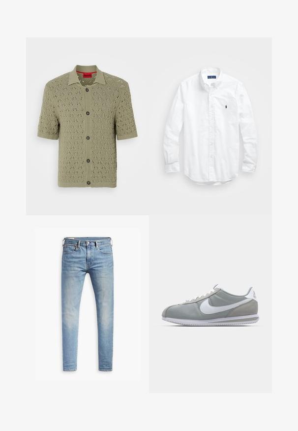 Kurzärmelige, hellolivgrüne Strickjacke mit Rautenmuster und schwarzen Knöpfen, mit einem Kragen und gerippten Kanten.; Weißes Langarm-Hemd aus Baumwolle mit Knopfleiste. Es zeichnet sich durch einen klassischen Kragen, Knopfmanschetten und ein kleines, navyblaues gesticktes Logo auf der Brust aus.; Hellblaue Slim-Fit-Jeans mit leichtem Verblassen an den Oberschenkeln, vorderem Knopfverschluss, Gürtelschlaufen und Fünf-Taschen-Stil auf einem weißen Hintergrund.; Graue Sportausstattung mit einem Obermaterial aus Wildleder und Textil, weißem Nike-Swoosh und weißen Schnürsenkeln. Verfügt über eine strukturierte Gummisohle und einen gepolsterten Kragen.