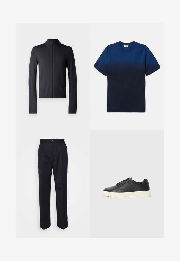 Cárdigan negro con cremallera, hecho de una tela suave. Cuenta con un cuello alto, mangas largas y una silueta ajustada. Textura lisa, diseño minimalista.; Camiseta de algodón azul marino con cuello redondo, mangas cortas y un diseño de degradado sutil que va de tonos más claros a más oscuros.; Pantalones negros ajustados con un diseño de pierna recta, confeccionados en una tela suave, que cuentan con un cierre frontal de botón y dos bolsillos laterales.; Zapatillas de cuero negro con acabado texturizado, puntera redonda y suela de goma blanca plana. Presenta cordones negros y una marca en el talón.