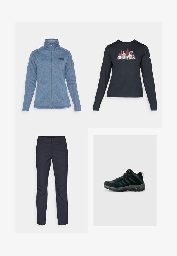 Niebieska polarowa kurtka z wysokim kołnierzem i pełnym zamkiem. Posiada logo na lewej piersi oraz kontrastowe przeszycia wzdłuż szwów. Miękka w dotyku.; Długie rękawy, ciemnoszara koszula z grafiką czerwonych drzew i gór; logo "COLUMBIA" w wyraźnym białym tekście. Miękka tkanina, standardowy okrągły dekolt.; Granatowe spodnie wykonane z gładkiego materiału, z zapięciem na guziki z przodu, wąskim kroju oraz detalami w postaci prasowania na kolanach.; Columbia REDMOND czarny