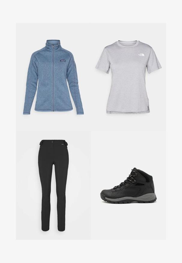 Blå fleecejakke med høy krage og full glidelås. Har en logo på venstre bryst og kontrasterende tråd langs sømmene. Myk tekstur.; Grå kortermet t-skjorte laget av myk, fukttransporterende stoff. Har en rund hals og en liten hvit logo på øvre venstre side.; Svart, tettsittende bukser laget av et fleksibelt materiale. Funksjoner inkluderer en glidelåslukket sidelomme, artikulerte knær og en glatt tekstur.; Sorte turstøvler med mid-topp design, som har en teksturert overdel, grå detaljer og slitesterk gummisåle med godt grep.