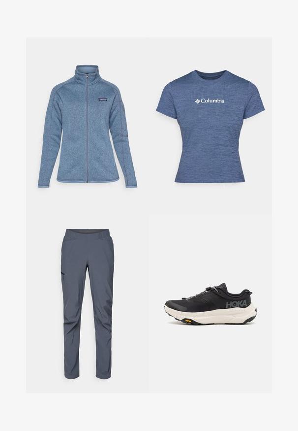 Casaco de fleece azul com gola alta e fecho éclair completo. Apresenta um logo no lado esquerdo do peito e costura em fio contraste ao longo das costuras. Textura suave.; T-shirt azul de manga curta feito de tecido texturizado, com o logótipo branco da Columbia no peito, gola redonda e design ajustado.; Calças de desempenho cinzentas com um cós elástico, dois bolsos frontais e um bolso lateral com fecho. Textura suave e corte ajustado.; Ténis de desporto pretos com um cabedal em malha respirável, sola de borracha, entressola branca com amortecimento e atacadores refletivos. Logótipo Vibram na sola.