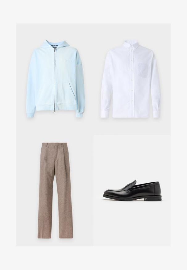 Ανοιχτό μπλε φούτερ με φερμουάρ φτιαγμένο από μαλακό ύφασμα. Διαθέτει μπροστινή τσέπη, ραμμένες μανσέτες και λογότυπο στο αριστερό στήθος. Σχεδιασμένο με κουκούλα.; Λευκό πουκάμισο με μακρύ μανίκι, φτιαγμένο από βαμβάκι, με τσέπη στο στήθος με τονικό κέντημα, γιακά και κουμπιά στους μανικέτες.; Καφέ παντελόνι με ψηλή μέση από υφαντό ύφασμα. Διαθέτει φαρδιές καβάτζες και δύο μανίκια μπροστά για δομή. Καθαρή φινίρισμα χωρίς ορατό εξοπλισμό.; Μαύρες δερμάτινες μπαλαρίνες με λεία υφή, στρογγυλή μύτη και διακοσμητική ταινία πάνω από το επάνω μέρος. Χαμηλός καπιτώνας, μινιμαλιστικός σχεδιασμός.