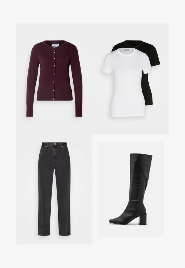 Lindex ANNA - Kardiganas - dark lilac; Du grietos rankovės T-marškiniai juodos ir baltos spalvos. Pagaminti iš lygaus medvilnės, su klasikine apvalia iškirpte ir įprastu pritaikymu.; Tiesios kojų juodos džinsinės kelnės su aukštu juosmeniu, priekyje esančia užtrauktuku ir mygtuku, bei penkių kišenių stiliumi ant balto fono.; RAID BLICK - Batai - black