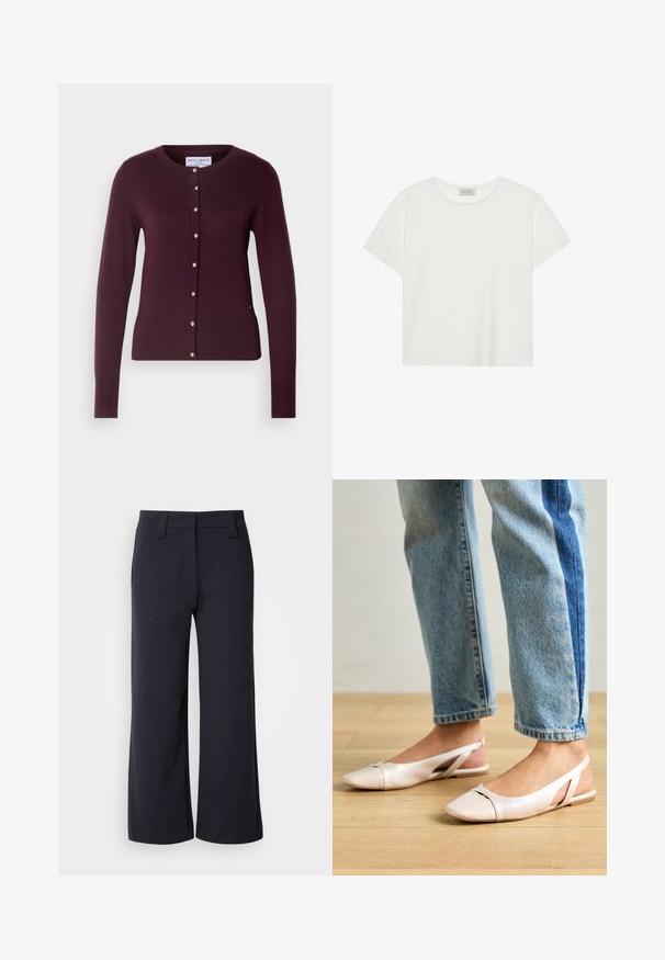 Lindex ANNA - Cardigan - dark lilac; White short-sleeve T-shirt made of soft cotton. Features a round neckline and relaxed fit. Clean design with no visible patterns or accents.; Wide-leg trousers in dark navy fabric. Features a flat front, belt loops, and side pockets. The material is smooth with a slight stretch.; Pale pink slingback flats with a pointed toe, made from a smooth leather-like material. Features cut-out details at the sides and a flat heel.