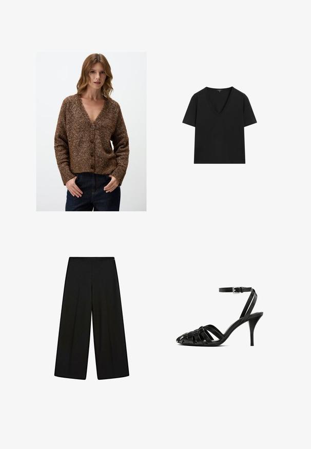 Bruine, gestructureerde cardigan met een V-hals, knoopsluiting en lange mouwen. Gemaakt van een chunky breimateriaal met een spikkelpunt.; Zwarte T-shirt met korte mouwen en V-hals, met een eenvoudig, aansluitend ontwerp op een witte achtergrond.; Zwarte wijde pantalons van zachte stof, met een hoge taille en plooien, met een gladde textuur en zonder zichtbare versieringen.; Zwarte leren hoge hakken sandaal met een enkelbandje, met gevlochten banden over de tenen, een gladde afwerking en een spitse teenvorm.