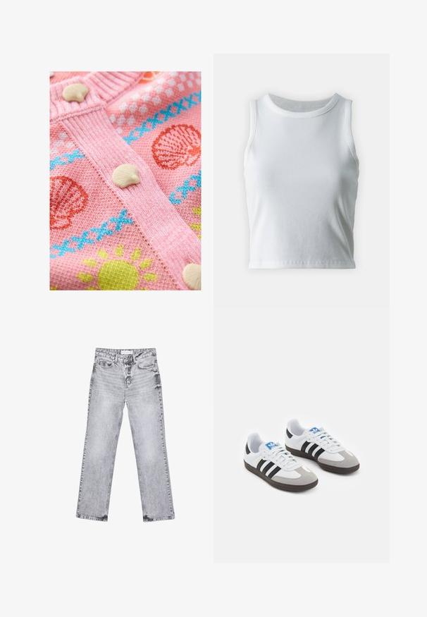 Pink knitted cardigan featuring seashell and sun patterns. It has white shell buttons and textured ribbing along the edges.; White ribbed tank top with a round neckline and sleeveless design, featuring a straight hem and a smooth, stretchy texture.; Gray denim jeans with a straight-leg cut, distressed detailing, five pockets, and copper rivets. Waistband features a logo tag.; Sport shoes with a white leather upper, gray suede toe, and three black stripes. Features a blue logo on the tongue and a textured rubber sole.