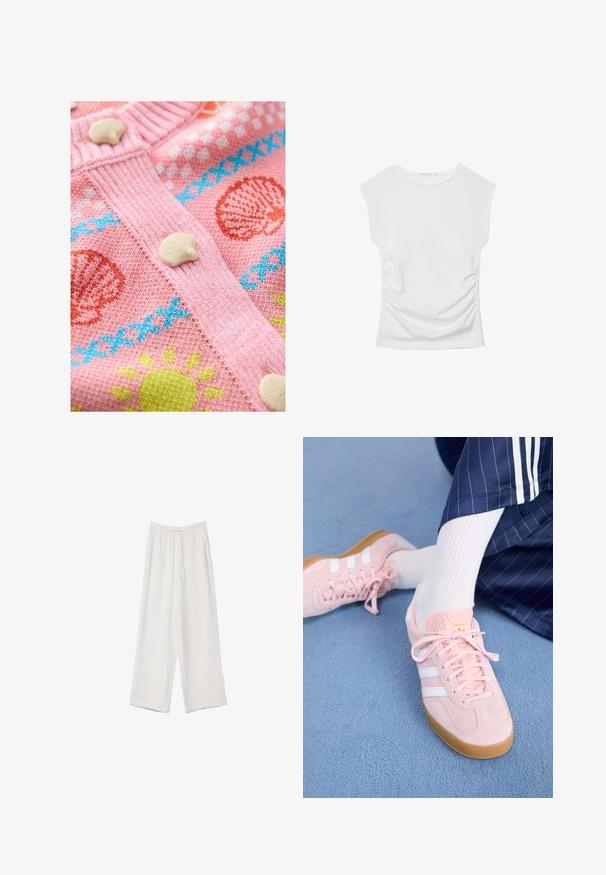 Cardigan lavorato a maglia rosa con motivi di conchiglie e sole. Presenta bottoni a forma di conchiglia bianchi e coste testurizzate lungo i bordi.; Top bianco senza maniche con scollo rotondo e leggero arricciatura laterale, mostrato disteso su uno sfondo bianco.; Pantaloni a gamba larga bianchi realizzati in un tessuto leggero. Presentano una vita elastica con cordoncino e tasche laterali. Texture liscia.; Sneakers in suede rosa chiaro con strisce e lacci bianchi, dotati di una linguetta testurizzata e di una suola in gomma, posizionati su un tappeto blu.