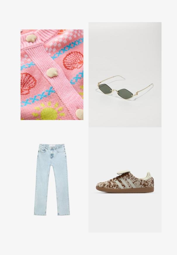 Růžový pletený kardigan s motivy mušlí a slunce. Má bílé knoflíky ve tvaru mušlí a texturované lemování podél okrajů.; Bílá jednobarevná bavlněná trička s kulatým výstřihem, krátkým rukávem a uvolněným střihem. Hladká textura bez vzorů nebo akcentů.; Svetle modré rovné džíny vyrobené z džínoviny. Obsahují přední kapsy, zip s knoflíkem a viditelné švy podél švů.; Tenisky s béžovým a hnědým skvrnitým vzorem, s třemi bílými pruhy, suchým zipem a hnědou gumovou podrážkou.; Gucci UNISEX - Sluneční brýle - gold-coloured; Světle modrá kožená kabelka se strohým designem, zlatými detaily a horním držadlem. Obsahuje odnímatelný ramenní popruh a texturovaný povrch.