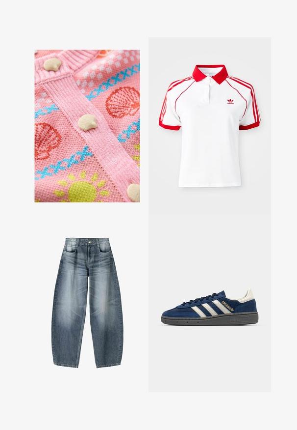 Gilet en tricot rose avec des motifs de coquillages et de soleil. Il possède des boutons en coquillage blancs et un bord côtelé texturé.; T-shirt polo blanc avec un col rouge et des accents à trois rayures rouges sur les épaules. Présente une patte de boutonnage et un petit logo rouge sur la poitrine.; Jean large en denim bleu clair avec décoloration, présentant un design à cinq poches, un bouton de fermeture et des détails de couture minimaux.; Baskets en daim bleu marine avec des rayures blanches, détail "Spezial" doré, semelle texturée grise, bout rond et lacets assortis. Design classique.