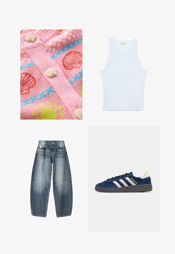 Pink knitted cardigan featuring seashell and sun patterns. It has white shell buttons and textured ribbing along the edges.; White tank top, ribbed texture, round neckline, sleeveless design, fitted shape, subtle branding on the label inside the collar area.; Wide-leg jeans made of light blue denim with fading, featuring a five-pocket design, button fly, and minimal stitching details.; Navy suede sneaker with white stripes, gold "Spezial" detail, grey textured sole, rounded toe, and matching laces. Classic design.