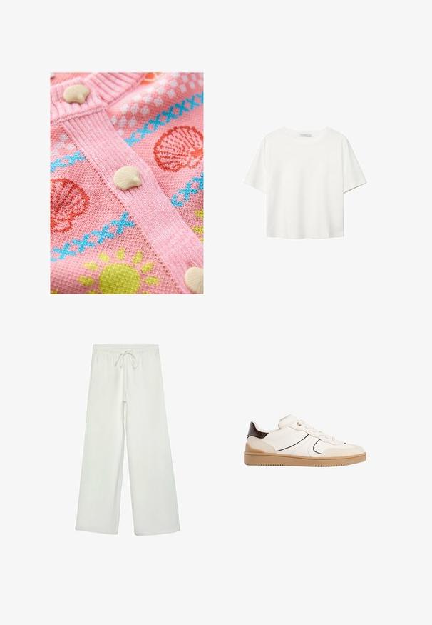 Vaaleanpunainen neulottu kardigan, jossa on simpukka- ja aurinkokuvioita. Siinä on valkoiset simpukkanepparit ja teksturoitu ribbineule reunojen varrella.; Valkoinen lyhythihainen T-paita, joka on tehty puuvillasta. Siinä on pyöreä kaula-aukko ja rento malli. Silkkinen pinta ilman näkyviä kuvioita tai koristeita.; Valkoiset leveälahkeiset housut pehmeästä kankaasta. Varustettu joustavalla vyötäröllä ja nyörillä sekä sileällä pinnalla. Ei näkyviä kuvioita tai tarvikkeita.; Stradivarius Matalavartiset tennarit - white