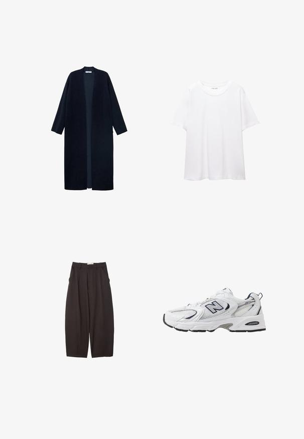 Mörkblå lång cardigan i mjukt tyg med öppen front, två sidofickor och vida ärmar. Minimalistisk design, inga knäppningar.; En enkel vit t-shirt i bomull med rund halsringning, korta ärmar och en avslappnad passform. Slät textur utan mönster eller detaljer.; Svarta vida byxor i ett mjukt tyg, med hög midja, framfickor och sidofickor. Enkel design utan utsmyckningar.; Vit sportskor med överdel i mesh, marinblå accenter och dämpad sula. Har "N"-logotyp, snörning och texturerad detalj på sidan.