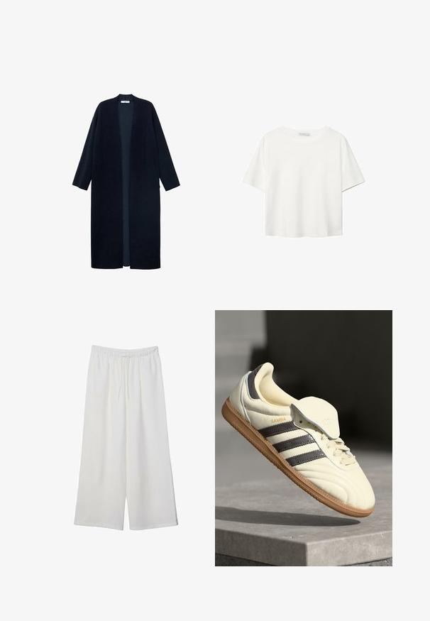 Tummansininen pitkä neuletakki pehmeästä kankaasta, avonaisella edellä, kahdella sivutaskulla ja leveillä hihoilla. Minimalistinen muotoilu, ei kiinnikkeitä.; Valkoinen lyhythihainen T-paita, joka on tehty puuvillasta. Siinä on pyöreä kaula-aukko ja rento malli. Silkkinen pinta ilman näkyviä kuvioita tai koristeita.; Valkoiset leveälahkeiset housut, jotka on valmistettu kevyestä kankaasta. Niissä on joustava vyötärö ja nauha säädettävää istuvuutta varten. Sileä pinta.; Kreemivärvi nahast tennisekad, millel on kolm tumedat triipu, pruun kummist tald ja ümar varvas. Omab volditavat keelt, millel on silt "SAMBA."