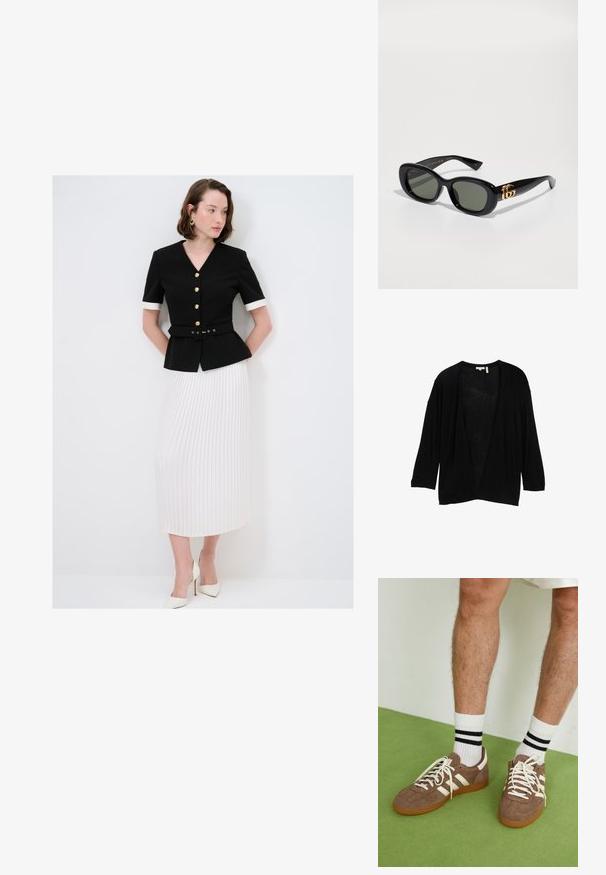 Zwarte, lichtgewicht cardigan met driekwartmouwen en een open voorkeurs ontwerp. Stof lijkt zacht met een lichte textuur. Geen sluitingen.; Zwarte op maat gemaakte blazer met gouden knopen en een ceintuur in de taille, gecombineerd met een vloeiende witte geplooide rok. Witte hakken maken de outfit compleet.; Bruine suède sneakers met witte accenten en veters. Rubberen gumzool. Draag met witte sokken met zwarte strepen. Groene gestructureerde vloer.; Zwarte plastic zonnebril met groene lenzen, met een ovale vorm en gouden logo detail op de veren. Gladde textuur en glanzende afwerking.; Zwarte leren handtas met een textuurafwerking, strak ontwerp, korte schouderband en een gouden logo-accent. Vastgehouden tegen een achtergrond van een lichte stof.; Gouden rechthoekige polshoroscoop met een gestructureerde lichtgroene wijzerplaat, twee zwarte uurmarkeringen, een gouden metalen armband en een minimalistisch ontwerp.; Zwarte hoofdband fascinator van doorschijnende tule, met gelaagde lussen en een centrale strikdetail. Draadstructuur voor vormgeving.