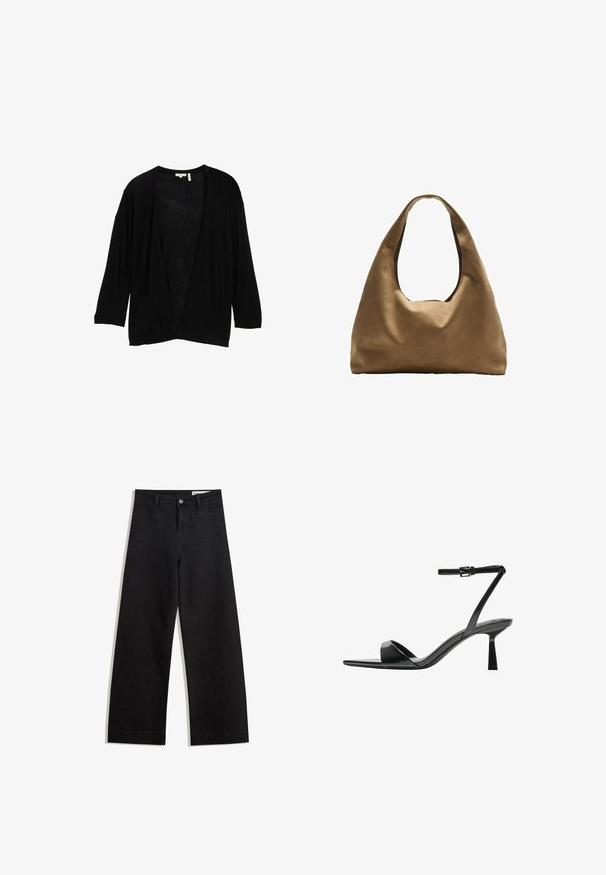 Schwarze, leichte Strickjacke mit Dreiviertelärmeln und offenem Design. Der Stoff wirkt weich mit einer leichten Textur. Keine Verschlüsse.; Schwarzes ärmelloses Crop-Top aus glattem Stoff, mit rundem Ausschnitt und einem klaren, schlichten Design ohne Muster oder Beschläge.; Schwarze weit geschnittene Jeans mit hoher Taille, ausgestattet mit Vorder- und Hintertaschen, gesteppten Nähten und einem Knopfverschluss. Glatte Textur.; Bershka High Heel Sandalette - black; Braune Stoffschultertasche mit einem breiten, runden Körper und einem großen Ausschnittgriff. Sanfte Textur, minimalistisches Design und keine sichtbaren Beschläge.