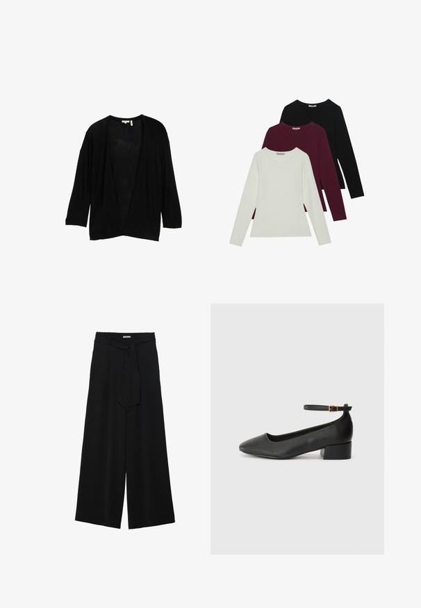 Černý, lehký cardigan s tříčtvrtečními rukávy a otevřeným předním designem. Látka vypadá měkce s jemnou strukturou. Neobsahuje žádné zapínání.; Dlouhé rukávy trička v bílé, burgundské a černé barvě. Vyrobeno z měkké tkaniny s kulatým výstřihem a přiléhavým střihem. Vhodné na vrstvení.; Černé kalhoty s širokými nohavicemi, vyrobené z texturované tkaniny, s elastickým pasem a odnímatelným páskem na úpravu velikosti.; Černé kožené lodičky s špičatou špičkou a nízkým blokovým podpatkem. Obsahují pásek kolem kotníku se zlatou sponou. Hladký povrch.