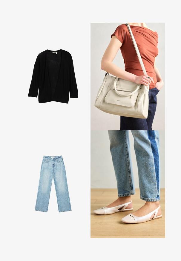 Sort, let cardigan med trekvartærmer og åbent frontdesign. Stoffet ser blødt ud med en let struktur. Ingen lukninger.; Hvid kortærmet t-shirt lavet af bomuld. Har en rund halsudskæring og en afslappet pasform. Glat tekstur uden synlige mønstre eller detaljer.; Lyseblå denim bukser med bred benvidde og høj talje, præget af en falmet vask og små, spredte slidte detaljer overalt.; Lyserøde slingback flade sko med spidse tær, lavet af et glat læderlignende materiale. Har udskæringsdetaljer på siderne og en flad hæl.; Hvid lædertaske med dobbelte hanke og en aftagelig skulderrem, der har en lynlåslomme foran og en glat overflade. Bæres på en persons arm.