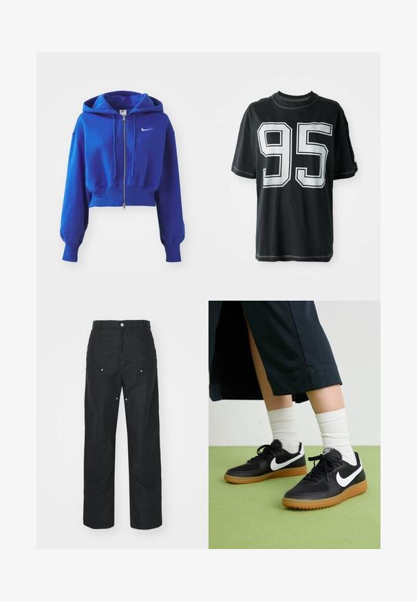 Skrajená modrá mikina z mäkkého materiálu, s predným zipsom, sťahovacími šnúrkami a strieborným logom Nike na hrudi.; Čierne bavlnené tričko s krátkymi rukávmi, na prednej strane s bielou potlačou čísla "95" a kontrastným prešitím pozdĺž okrajov.; Čierne nohavice so strihom rovného nohavicu, vyrobené z textúrovanej tkaniny. Obsahujú dekoratívne strieborné kovanie a jedinečné detaily švov.; Čierne kožené a syntetické tenisky so bielym logom Nike, gumenou podrážkou, okrúhlou špičkou a čiernymi šnúrkami. Viditeľné biele pruhované ponožky.