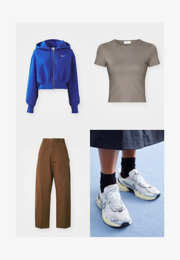 Kuttet blå hettegenser laget av mykt stoff, med glidelås foran, snor og en sølvfarget Nike-logo på brystet.; Kortermet T-skjorte med rund hals i taupe, laget av glatt bomull. Har en tettsittende design og fine sømmer langs kanten og ermene.; Brune, vide bukser lavet af slidstærkt stof med knaplukning og sidelommer. Glat tekstur og lige snit.; Hvite og sølv Nike-sneakers med mesh-stoff, reflekterende detaljer, og en beige såle. Brukt med svarte sokker, stående på en blå overflate.