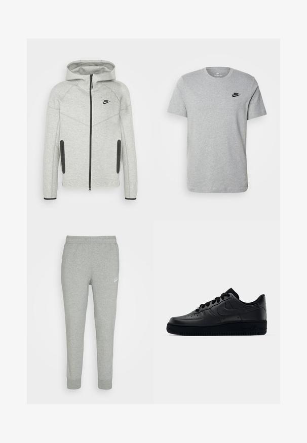 Corta-vento cinza com fecho na frente, apontamentos pretos e capuz. Apresenta mangas raglan e dois bolsos laterais com fechos éclair. Logótipo da Nike visível.; T-shirt cinza de manga curta em algodão, com um logo preto da Nike no peito e um decote redondo. Design minimalista sem padrões.; Sweatpants cinzas feitos de um tecido suave, com design de pernas ajustadas, cintura elástica e pequeno logótipo branco da Nike na coxa esquerda.; Sapatilha Nike Air Force 1 preta com parte superior em couro liso, bico perfurado para respirabilidade, atacadores pretos e sola de borracha texturizada.