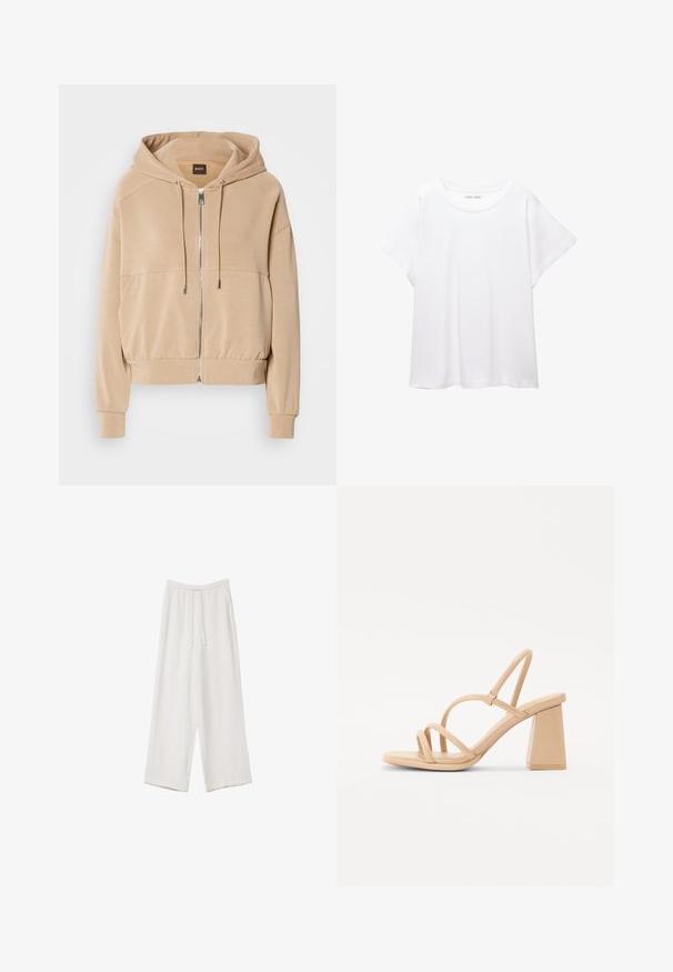 Beżowa bluza z kapturem z zamkiem z przodu, regulowanymi sznurkami, prążkowanymi mankietami i luźnym krojem. Wykonana z miękkiego, lekkiego materiału.; Biała koszulka wykonana z miękkiej, lekkiej tkaniny. Posiada okrągły dekolt oraz krótkie, szerokie rękawy, zapewniające luźny krój. Brak widocznych wzorów.; Białe spodnie o szerokich nogawkach wykonane z lekkiego materiału. Posiadają elastyczny pas z sznurkiem i boczne kieszenie. Gładka tekstura.; Nude sandały na wysokim obcasie z kwadratowym bloku, cienkimi paskami i gładkim, błyszczącym wykończeniem. Prosty design z paskami w górnej części.